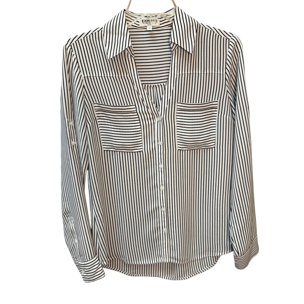 Express The‎ Portofino Shirt Slim Fit Black & White Vertical Stripe Blouse Small